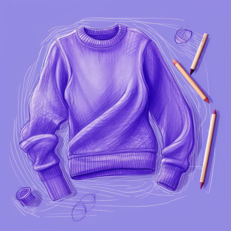 the sweater sketch, set against a vibrant violet background, showcases a bright and playful illustration in a bold, hand-drawn style, perfect for fashion enthusiasts and art lovers alike, evoking a sense of creativity and whimsy in digital art and graphic design. ai generatedの素材