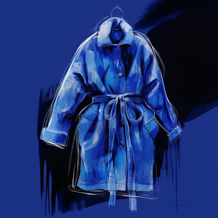 the coat sketch stands out against a rich, deep indigo background, showcasing a vibrant and expressive bright indigo hand sketch style that exudes creativity and artistic flair, perfect for fashion enthusiasts and art lovers alike, evoking a sense of modernity and sophistication. ai generatedの素材