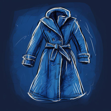 this stunning sketch of a coat stands out against a vibrant indigo background, showcasing a bright and bold hand sketch style that captures the intricate details of the garment, evoking a sense of creativity and artistic flair in fashion illustration and design. ai generatedの素材