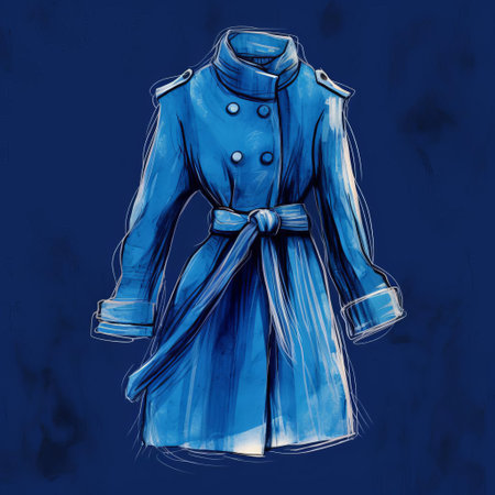 the sketch of the coat, set against a deep indigo background, showcases a vibrant and expressive bright indigo hand sketch style, blending artistic flair with intricate details, evoking a sense of creativity and sophistication in modern art and fashion illustration. ai generatedの素材