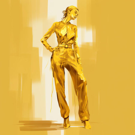 the fashion illustration depicts a stunning jumpsuit against a vibrant gold background, showcasing a bright gold hand sketch style that exudes luxury and sophistication, perfect for fashion designers, stylists, and enthusiasts of high-end fashion, glamour, and elegance. ai generatedの素材