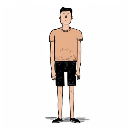 a person vector character illustration featuring a cartoon tan male figure. this illustration is isolated on a white background and is created in the style of daniel clowes, known for his bold black lines. the artwork by alessandro gottardo showcases realistic depictions of everyday life, while also incorporating elements of cliff chiang's washed-out and voyeuristic approach. ai generatedの素材
