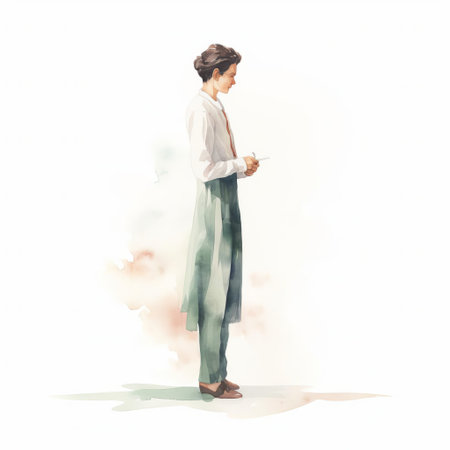 alexa, a stunning single figure, stands elegantly against a crisp white background in this exquisite vintage-inspired watercolored portrait, evoking a sense of classic sophistication and timeless beauty, perfect for art enthusiasts and vintage fashion lovers alike. ai generatedの素材