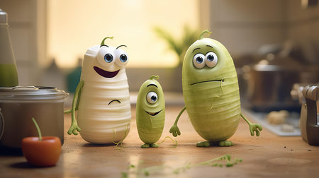 fennel friends with expressive eyes engage in a lively conversation, set against a warm kitchen background, amidst dusty piles, captured in a stunning pixar-inspired style by paul wong, with a shallow depth of field that draws the viewer's attention to the whimsical vegetable duo. ai generatedの素材