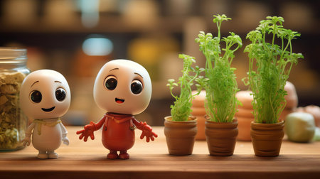 cress friends, with expressive eyes, engage in a lively conversation, captured by paul wong in a vibrant pixar-inspired style, set against a warm kitchen background with dusty piles and a shallow depth of field, evoking a sense of cozy intimacy and playful camaraderie. ai generatedの素材