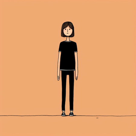 woman standing in a field, minimalist black and white cartoon against an orange background. normcore style with animated gifs, featuring minimalistic figurative and genderless childlike figures. the animation adds a playful touch to this simple yet captivating image. ai generatedの素材