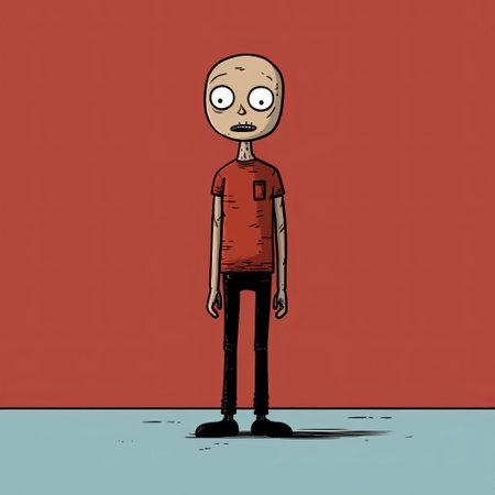the cartoon character from the animated movie "arkady and ida" is depicted in a normcore style, featuring a combination of dark red and light cyan colors. the conceptual portraiture showcases the character's skeletal structure in a full-body composition. the image has a comic strip aesthetic and has been digitally enhanced. ai generatedの素材