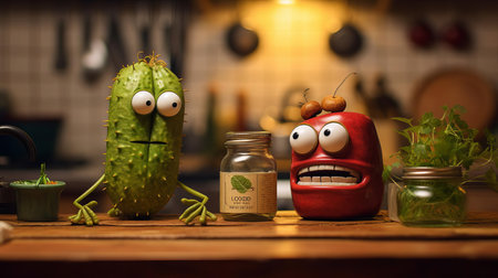 chard friends, with their big, expressive eyes, engage in a lively conversation, surrounded by dusty piles and kitchen utensils, in this whimsical pixar-inspired illustration by paul wong, showcasing a warm and intimate moment of friendship, set against a blurred kitchen background with a shallow depth of field. ai generatedの素材
