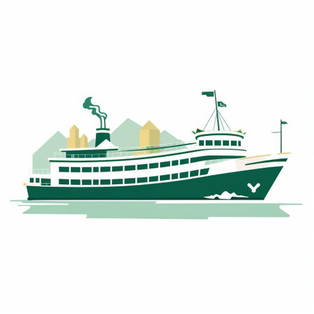 portland clipper cruises boat logo vector illustration featuring a minimalist landscape style. the design showcases light emerald and green colors, reminiscent of large-scale public art. the busy landscapes are depicted with stenciled iconography, reminiscent of mid-century illustration. the use of transparency and lightness adds depth to the overall composition. ai generatedの素材