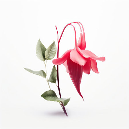 this elegant fuchsia flower, accompanied by a delicate rose, takes center stage against a crisp white background, showcasing its vibrant pink petals and subtle green stem in a beautifully simplistic yet striking composition, perfect for botanical art enthusiasts and minimalist design lovers. ai generatedの素材