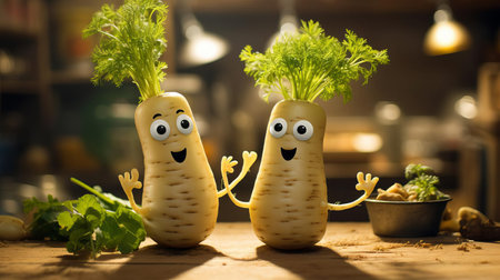parsnips, personified as friends with expressive eyes, engage in a lively conversation amidst dusty piles in a warm kitchen setting, captured in a whimsical pixar-inspired style by paul wong, evoking a sense of playfulness and camaraderie. ai generatedの素材