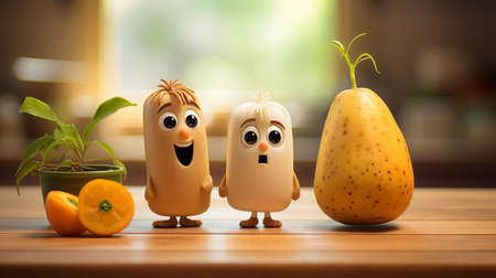 jicama friends, with expressive eyes, engage in a lively conversation amidst dusty piles and a warm kitchen background, captured in a whimsical pixar-inspired style by paul wong, evoking a sense of playful storytelling and culinary delight. ai generatedの素材