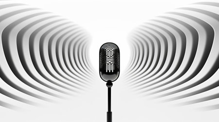 the microphone appears to be warped and distorted in this mind-bending optical illusion, set against a clean and minimalist white background, creating a striking visual paradox that challenges perception and plays with the viewer's sense of reality, perfect for fans of surreal and abstract art. ai generatedの素材