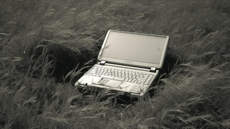 an old laptop sits serenely in a lush green grassy field, captured in a distorted, blurry, and grainy vintage kodak expired instant film photo, evoking a nostalgic feel with its black-and-white tones, reminiscent of a bygone era of technology and photography. ai generatedの素材