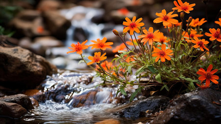 the creek, surrounded by vibrant fall wildflowers in warm shades of orange and rust, is captured in stunning detail through professional photography, showcasing the serene beauty of nature's seasonal transformation in the autumn landscape. ai generatedの素材