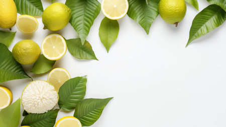 breadfruit, a tropical starchy fruit, is beautifully arranged on a white chalkboard, creating a stunning flat lay view banner, perfect for culinary, foodie, and exotic fruit enthusiasts, highlighting the fruit's unique texture and vibrant green color, ideal for recipe inspiration and healthy eating concepts. ai generatedの素材