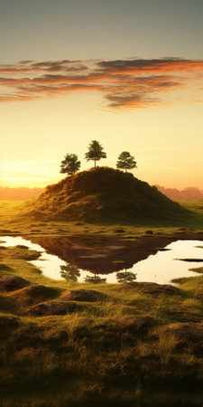 the medieval landscape, bathed in the warm hues of a serene sunset, features a majestic mound, lush trees, and a tranquil body of water, evoking a sense of calm and beauty, reminiscent of traditional british landscapes, as seen in national geographic photos, circa 1000-1400 ce, in stunning 32k uhd resolution. ai generatedの素材
