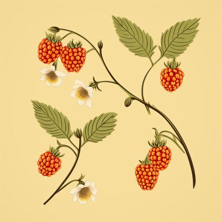 the salmonberry, a type of bramble, takes center stage in this stunning minimalist design, set against a soft, light yellow background that pops with delicate pastel colors, evoking feelings of serenity and calmness, perfect for nature lovers and design enthusiasts alike. ai generatedの素材