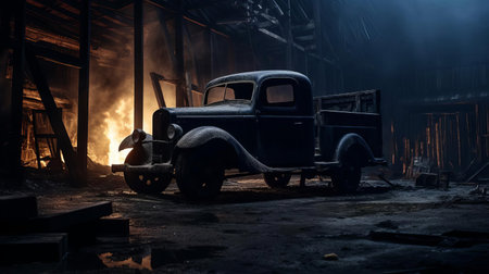 an abandoned tow truck sits eerily in a burned-out warehouse, surrounded by darkness and decay, evoking a sense of desolation and neglect, its once-bright paint job now faded and worn, a haunting testament to the ravages of time and neglect, a cinematic scene of urban decay and abandonment. ai generatedの素材