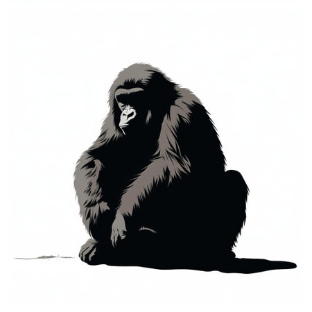 orangutan silhouette in black color against a clean design with a white background. no shadow present in the image, highlighting the distinct outline of the orangutan. perfect for minimalist or modern design projects, this silhouette stands out with its simplicity and contrast against the white backdrop. ai generatedの素材