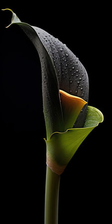 the calla lily, a symbol of elegance, grows majestically on black shingle, showcasing its pure white petals and yellow spathes in a stunning tabletop photography setup, highlighting the importance of sustainable design and visually tactile surfaces, captured with a voigtlander bessa r2m camera, featuring a soft focus effect and a predominantly dark gray and black color palette. ai generatedの素材