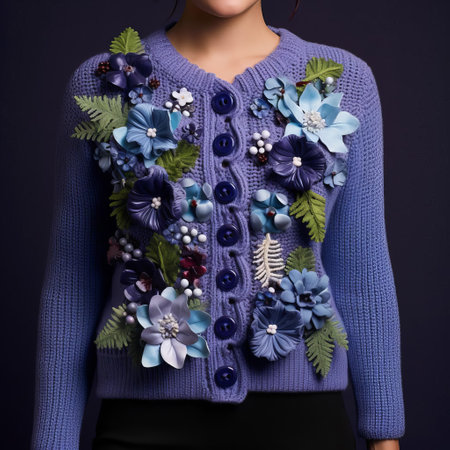 this whimsical delphinium, inspired by the tackiest of christmas sweaters, boasts a playful medley of sweater-themed ornaments, colorful knit garlands, and oversized buttons, exuding a humorous and quirky charm that's sure to bring a smile to anyone's face during the holiday season. ai generatedの素材