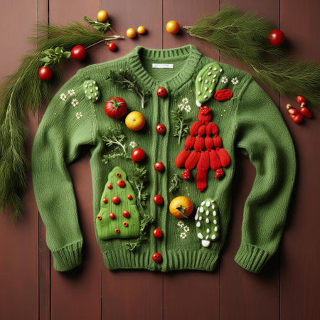 this whimsical dill decoration embodies the humorous and quirky charm of the ugliest christmas sweaters, adorned with sweater-themed ornaments, knit garlands, and oversized buttons, evoking a playful nostalgia for the tackiest holiday fashion trends, festive winter wonderland decor, and vintage holiday cheer. ai generatedの素材