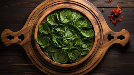 fresh spinach slices are artfully arranged on a rustic wooden tray, showcasing their vibrant green color and delicate texture, perfect for adding a nutritious boost to salads, smoothies, or sauteed dishes, highlighting the versatility of this superfood in healthy meal prep and culinary creations. ai generatedの素材