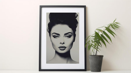 the frame, set against a rich ebony background, showcases a sleek 7x5 inch drag mockup with a minimalist design, perfect for modern home decor, featuring a clean and simple aesthetic that exudes sophistication and elegance, ideal for showcasing cherished memories or artistic prints. ai generatedの素材