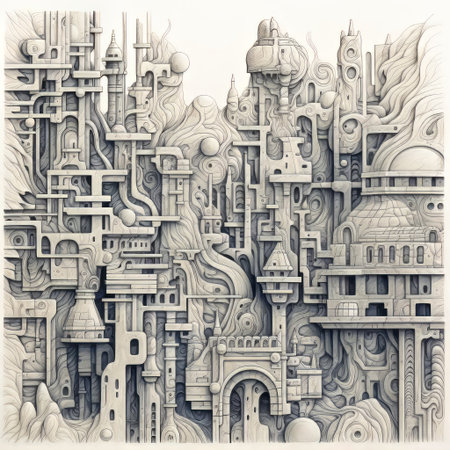 the medieval-inspired artwork features intricate, abstract patterns crafted from random pencil doodle lines and textures, set against a pristine white background, evoking a sense of ancient mysticism and fantasy, reminiscent of illuminated manuscripts and gothic architecture. ai generatedの素材