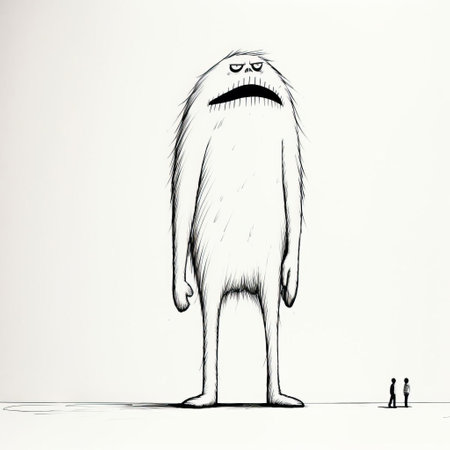 the monster, depicted in a minimalist style with clean black lines, stands in profile, its gaze fixed directly into the camera, set against a pure white background, evoking a sense of simplicity and eeriness, perfect for fans of horror, illustration, and dark art, with a touch of modern minimalism. ai generatedの素材