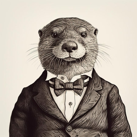 the otter, dressed in a stylish suit, stands proudly against a crisp white background in this exquisite antique woodcut engraving, showcasing remarkable detail and craftsmanship, evoking a sense of whimsy and nostalgia, perfect for nature lovers, art collectors, and enthusiasts of vintage illustrations. ai generatedの素材