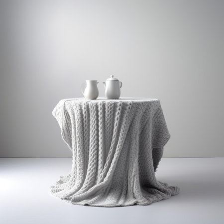 the knitted table, adorned with intricate silver threads, takes center stage in this stunning still life photo, set against a crisp white backdrop, evoking a sense of modern minimalism and scandinavian design, perfect for interior design inspiration and home decor ideas. ai generatedの素材