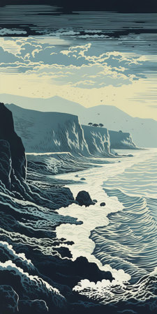 the rugged mound coastline, shrouded in misty fog, stretches into the distance, evoking a sense of serene isolation, as captured in this stunning reduction linocut print, characterized by low detail and a single, bold color, with no outline, creating a dreamy, ethereal atmosphere. ai generatedの素材