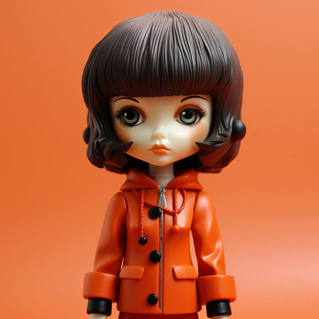 patricia, a stylish woman, poses with her shorter hair, holding a vibrant vinyl toy, reminiscent of the iconic style of frank kozik, blending seamlessly with the quirky aesthetic of kid robot and superplastic, a perfect fusion of art and collectible design. ai generatedの素材