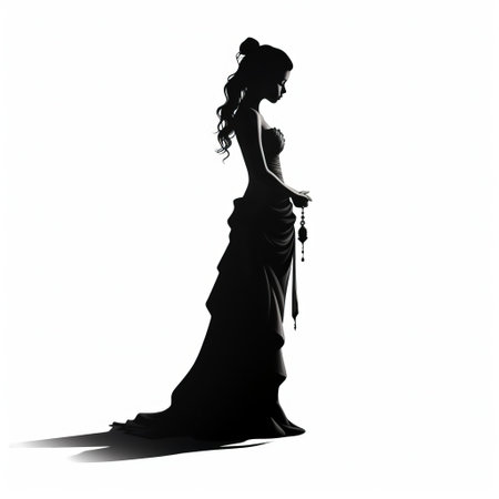 jennifer stands elegantly in a full-length silhouette, her mysterious figure shrouded in darkness, set against a stark black and white background, evoking a sense of classic hollywood glamour and timeless sophistication, perfect for fans of vintage photography and monochromatic art. ai generatedの素材