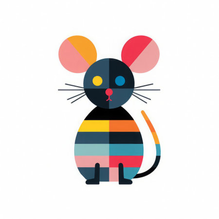 this adorable rat, illustrated in a minimalist style reminiscent of jon burgerman and skottie young, stands out against a crisp white isolated background, showcasing its playful personality through bold lines, vibrant colors, and whimsical op art patterns, perfect for flat design and vector clipart applications. ai generatedの素材