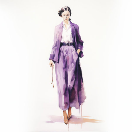 the elegant single figure of a woman stands out against a crisp white background, her vintage attire and violet-hued accessories beautifully captured in a stunning watercolored portrait, evoking a sense of classic sophistication and timeless beauty. ai generatedの素材