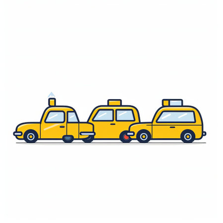 this cheerful taxi illustration, set against a crisp white background, showcases a simple yet delightful line drawing of a bright yellow cab, complete with a smiling face, headlights, and a bold black outline, perfect for kids' designs, nursery decorations, and playful transportation-themed art. ai generatedの素材