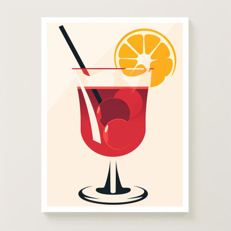 the sangria cocktail, a timeless classic, is beautifully illustrated in this vibrant poster, reminiscent of the 1950s, featuring a simple yet elegant design, showcasing the iconic drink's ingredients, including juicy oranges, ripe berries, and crisp wine, all set against a bold, four-color palette, evoking the nostalgic charm of a bygone era. ai generatedの素材