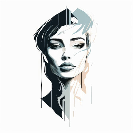 a female face, crafted with parallel vector mannerism, takes center stage in this modern contrast line illustration, showcasing a full-body portrait set against a pristine white isolated background, exuding elegance and sophistication in digital art. ai generatedの素材