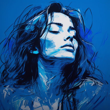 the woman in this vibrant sketch stands out against a brilliant blue background, her delicate features and flowing hair captured in bold, bright blue lines, showcasing the artist's skillful hand in this stunning, modern portrait, blending traditional and contemporary styles. ai generatedの素材