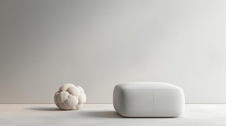 the pouf, a sleek and modern piece of furniture, sits elegantly on a plain white background, contrasting beautifully with the subtle, moody shadows that add depth to the image, perfect for interior design inspiration, home decor ideas, and modern furniture enthusiasts, with a high-resolution photo dimension of 1920x1080 pixels. ai generatedの素材
