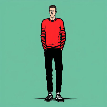 an indian male wearing a hat, trousers, a white shirt, and a red sweater is depicted in this photo. the image is created in the style of bold outlines and flat colors, reminiscent of allie brosh's artwork. the use of bold colors, strong lines, and minimal retouching enhances the visual impact. the contrasting backgrounds in red and black further add to the composition. ai generatedの素材