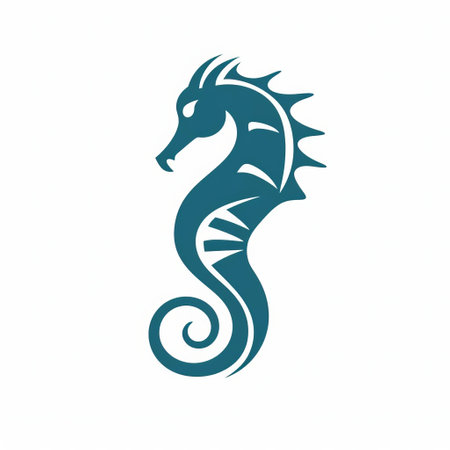 this seahorse, depicted in a minimalist 2d vector icon style, gazes downward with an air of curiosity, its slender body and curled tail rendered in simple, bold lines, perfect for use in marine life, ocean conservation, and aquatic-themed branding and design projects. ai generatedの素材