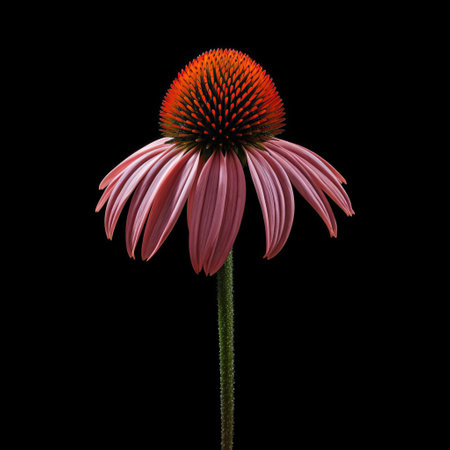 the echinacea flower stands majestically against a dramatic black background, its delicate petals and intricate details showcased in stunning photorealistic clarity, evoking the organic architecture of martin puryear and the whimsical illustrations of cicely mary barker, with high contrast shots accentuating its natural beauty, subtly infused with native brasilian motifs and graceful curves. ai generatedの素材