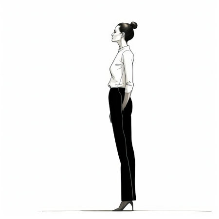 the woman stands confidently in profile, her sleek silhouette defined by clean black lines, her gaze direct and piercing as she looks straight into the camera, set against a pristine white background, evoking a sense of modern simplicity and elegance in this minimalist illustration, perfect for fashion, beauty, and lifestyle designs. ai generatedの素材