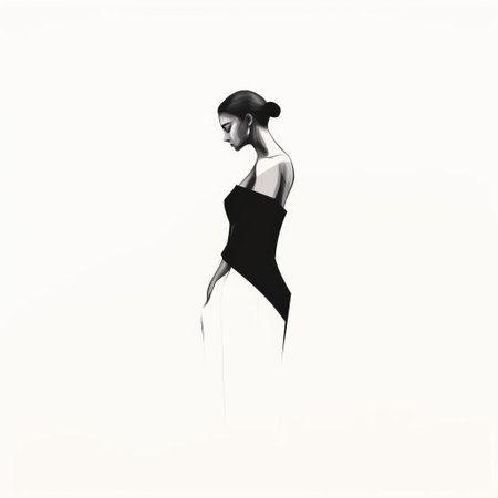 the woman stands confidently in profile, her sleek black outline popping against a pristine white background, her gaze directly meeting the viewer's, exuding a sense of modern simplicity and elegance, perfect for illustrations, graphics, and design projects requiring a touch of sophistication and femininity. ai generatedの素材