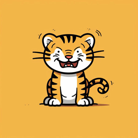 this whimsical tiger, illustrated in a minimalist doodle style reminiscent of a simple comic strip, showcases the majestic animal's full body, exuding playful energy and quirky charm, perfect for fans of cartoon animals, doodle art, and minimalist design. ai generatedの素材