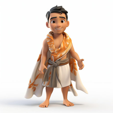 oliver, a cheerful cartoon character, is showcased in a vibrant 3d render, donning a colorful sarong, set against a pristine white background, perfect for illustrations, animations, and digital designs requiring a playful and lively atmosphere, evoking feelings of joy and friendliness. ai generatedの素材